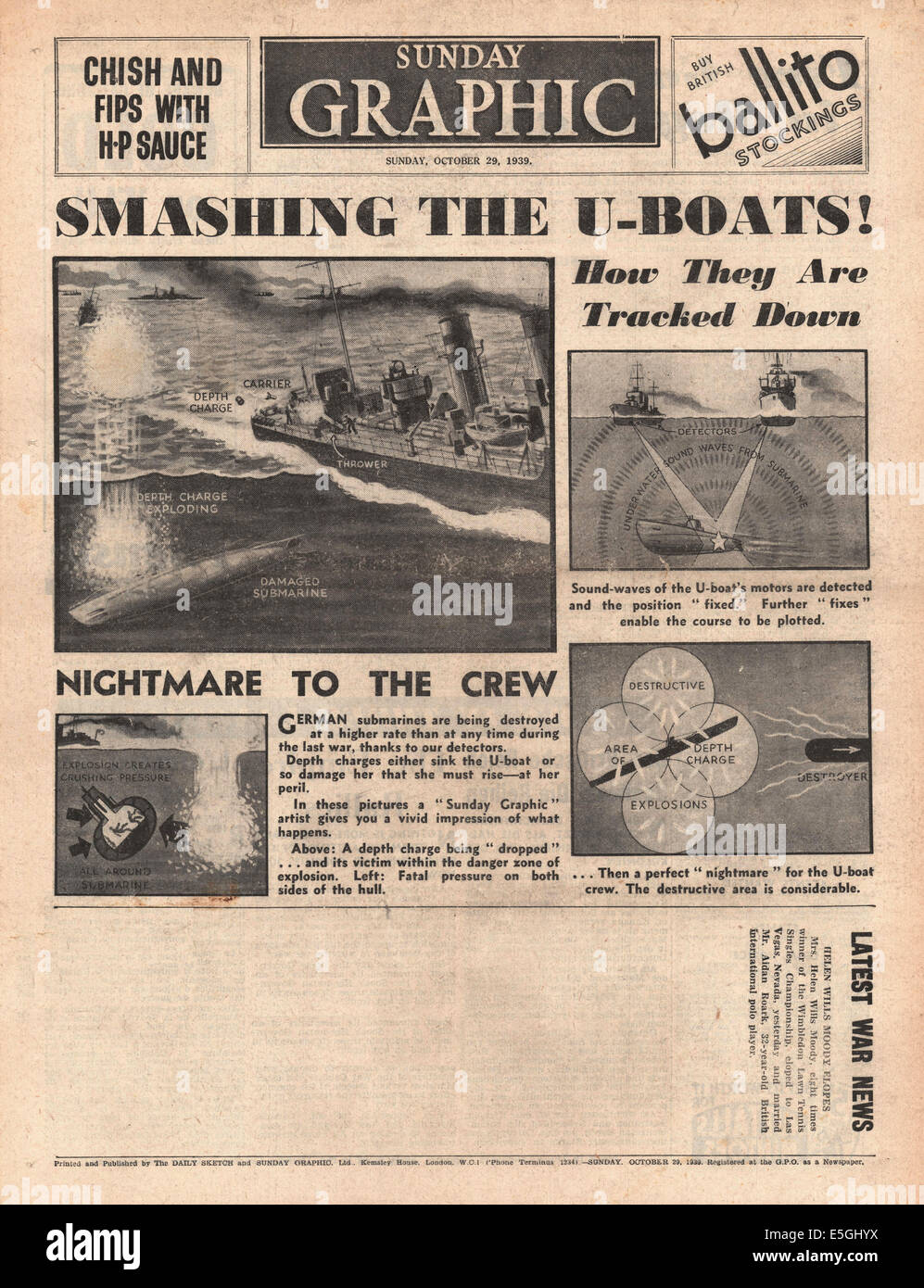 1939 Domenica Graphic retro pagina reporting la guerra navale contro il tedesco U Barche Foto Stock