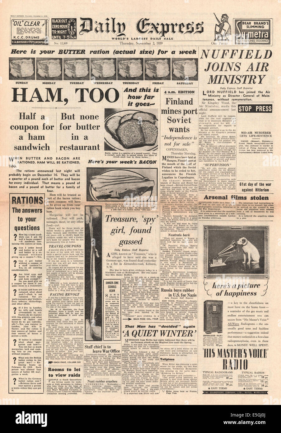 1939 Daily Express front page reporting prosciutto, pancetta e burro sono razionate Foto Stock
