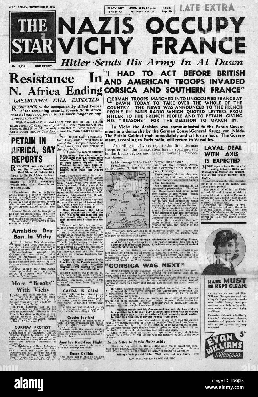 1942 Stella (Londra) front page nazista di reporting le forze tedesche occupano la Francia di Vichy Foto Stock