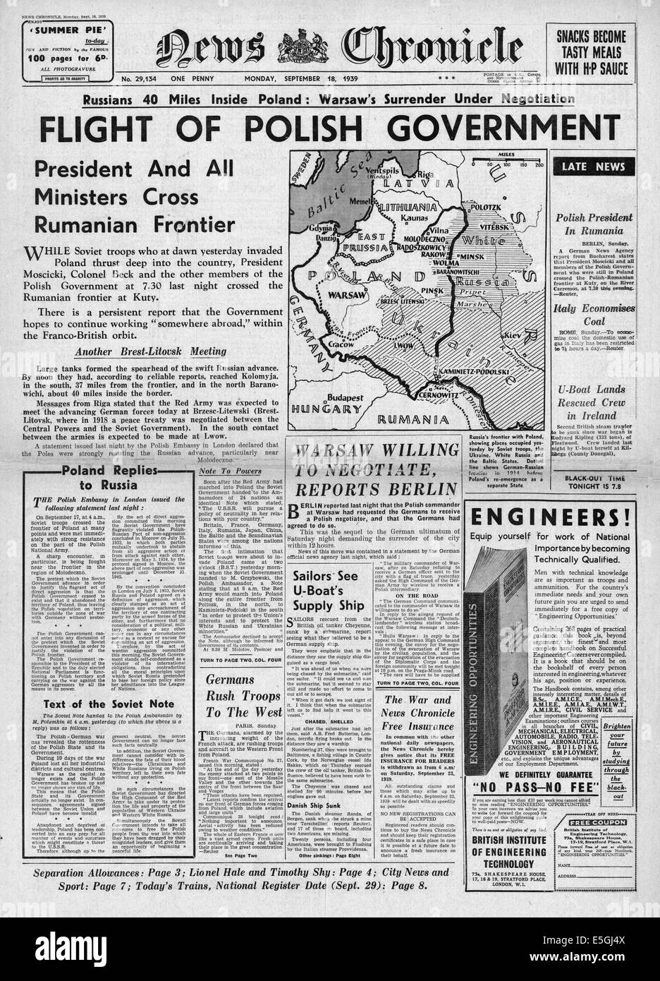 1939 notizie di cronaca (seconda edizione) pagina anteriore segnalato il volo del governo polacco di avanzare russo e tedesco eserciti Foto Stock