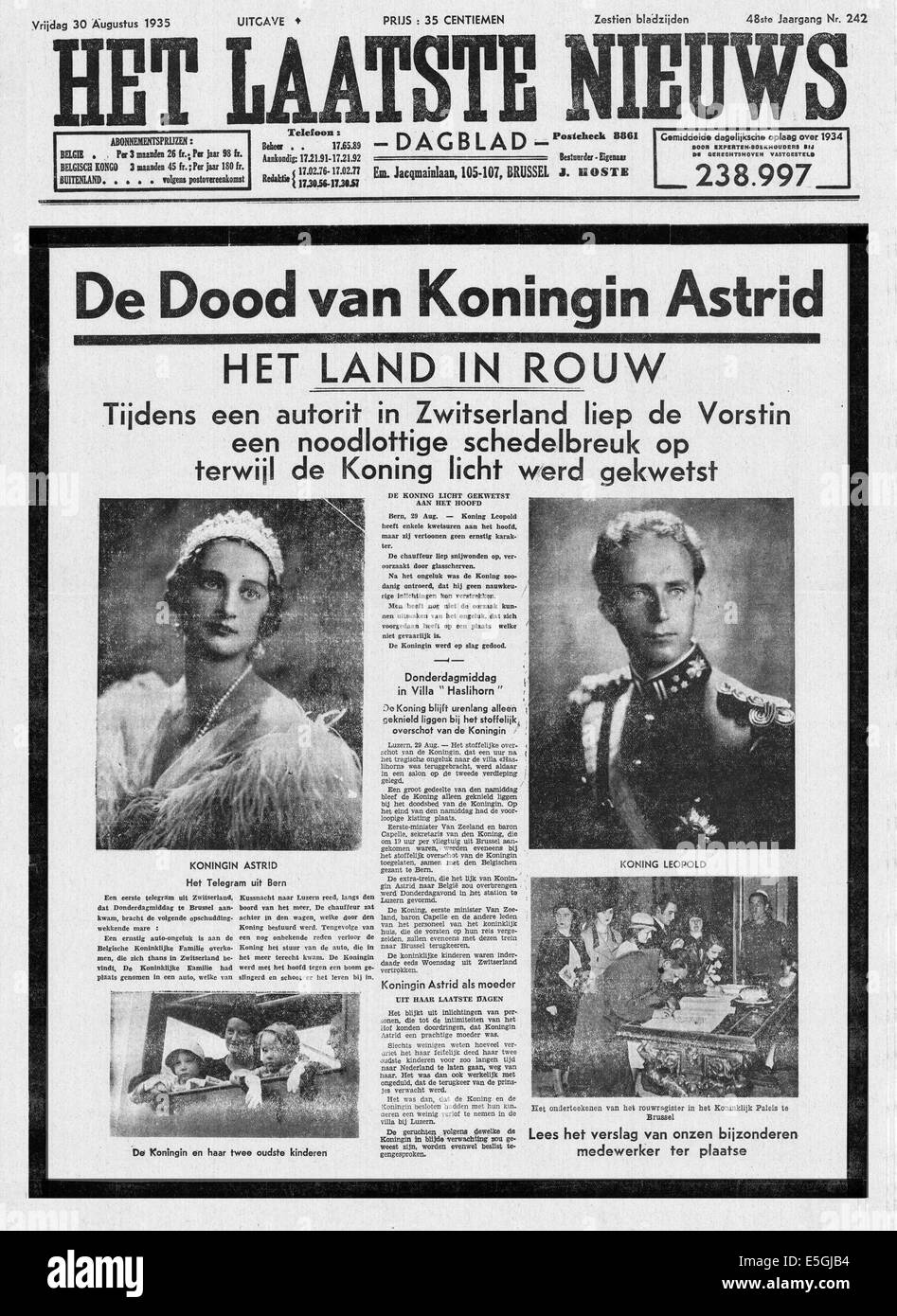 1935 Het Laatste Nieuws (Belgio) pagina anteriore segnalato la morte in un incidente di automobile della regina Astrid del Belgio Foto Stock