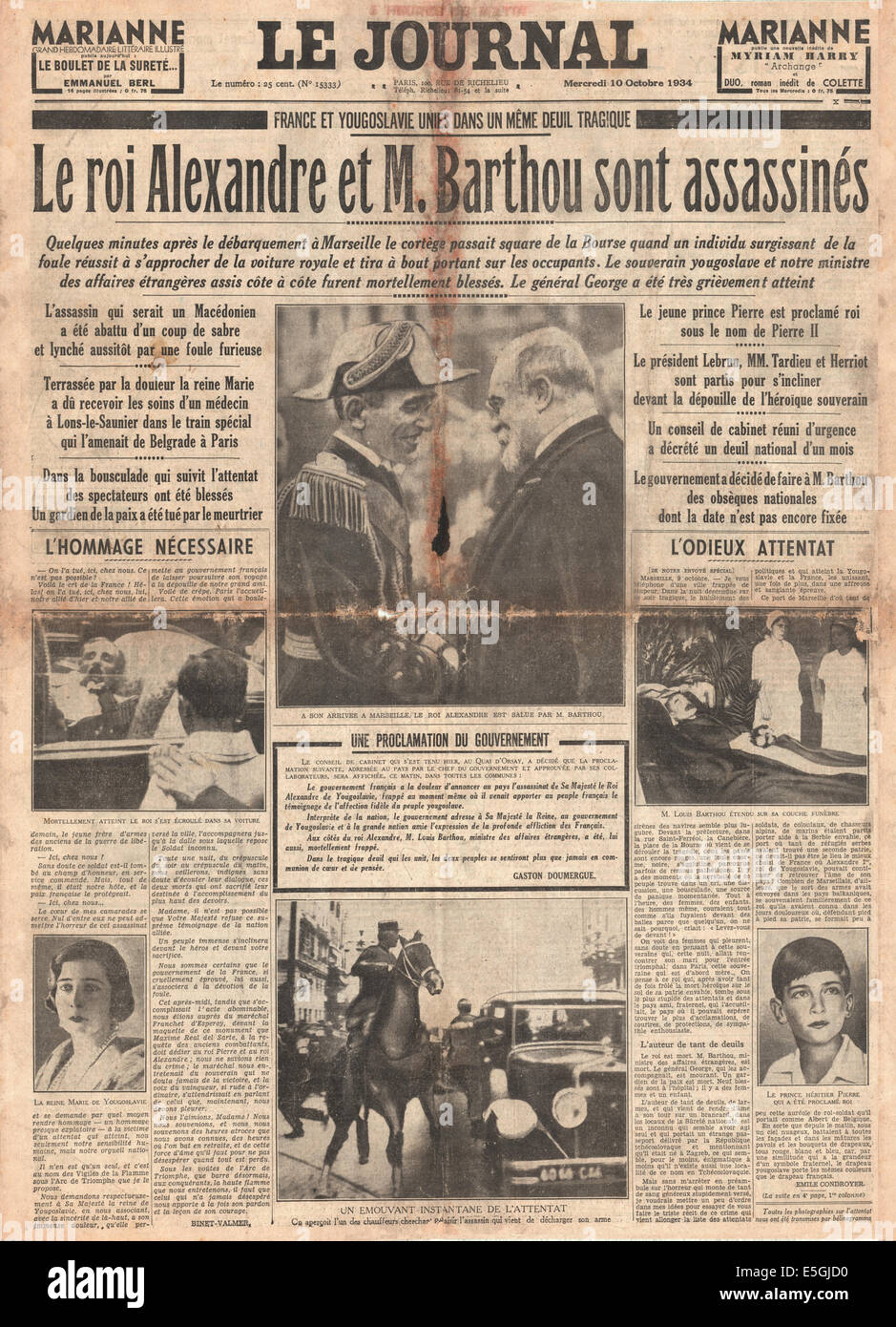 1934 Le Journal (Francia) pagina anteriore segnalato l assassinio del re Alessandro di Jugoslavia & straniere francese Il Ministro Louis Barthou a Parigi Foto Stock