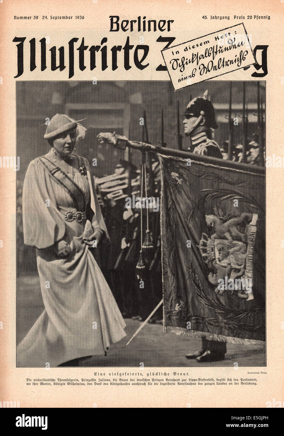 1936 Berliner Illustrierte Zeitung coperchio anteriore foto della principessa Juliana di Bassi poco dopo il suo impegno per il tedesco Prince Bernhard Foto Stock