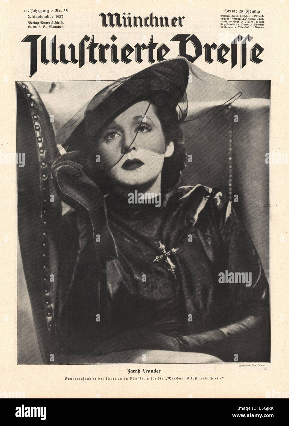 1937 Münchner Illustrierte Presse (Germania) anteriore foto di copertina di attrice svedese Zarah Leander Foto Stock