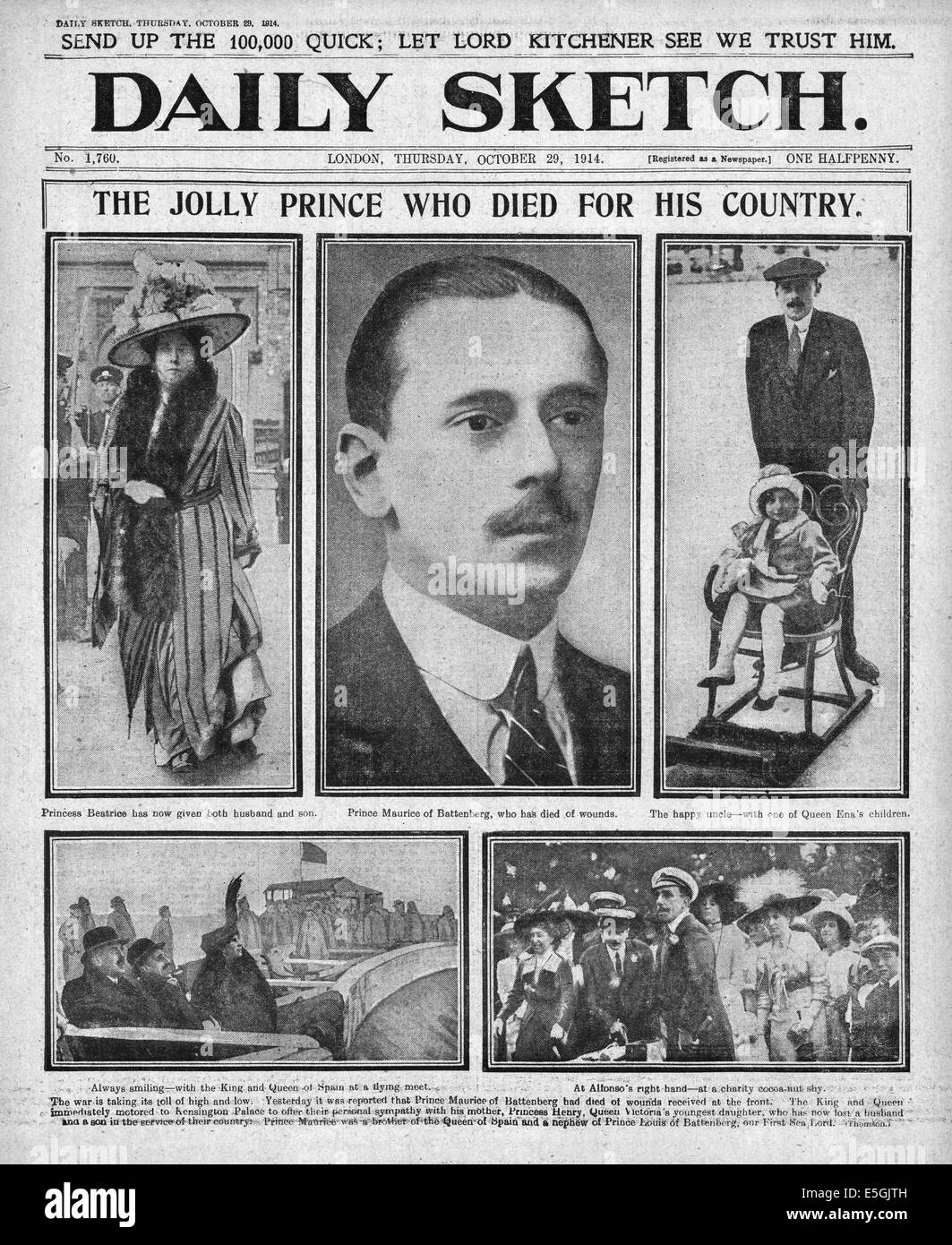 1914 Daily Sketch pagina anteriore reporting Principe Maurice di Battenberg muore per le ferite ricevute in azione sul fronte occidentale Foto Stock