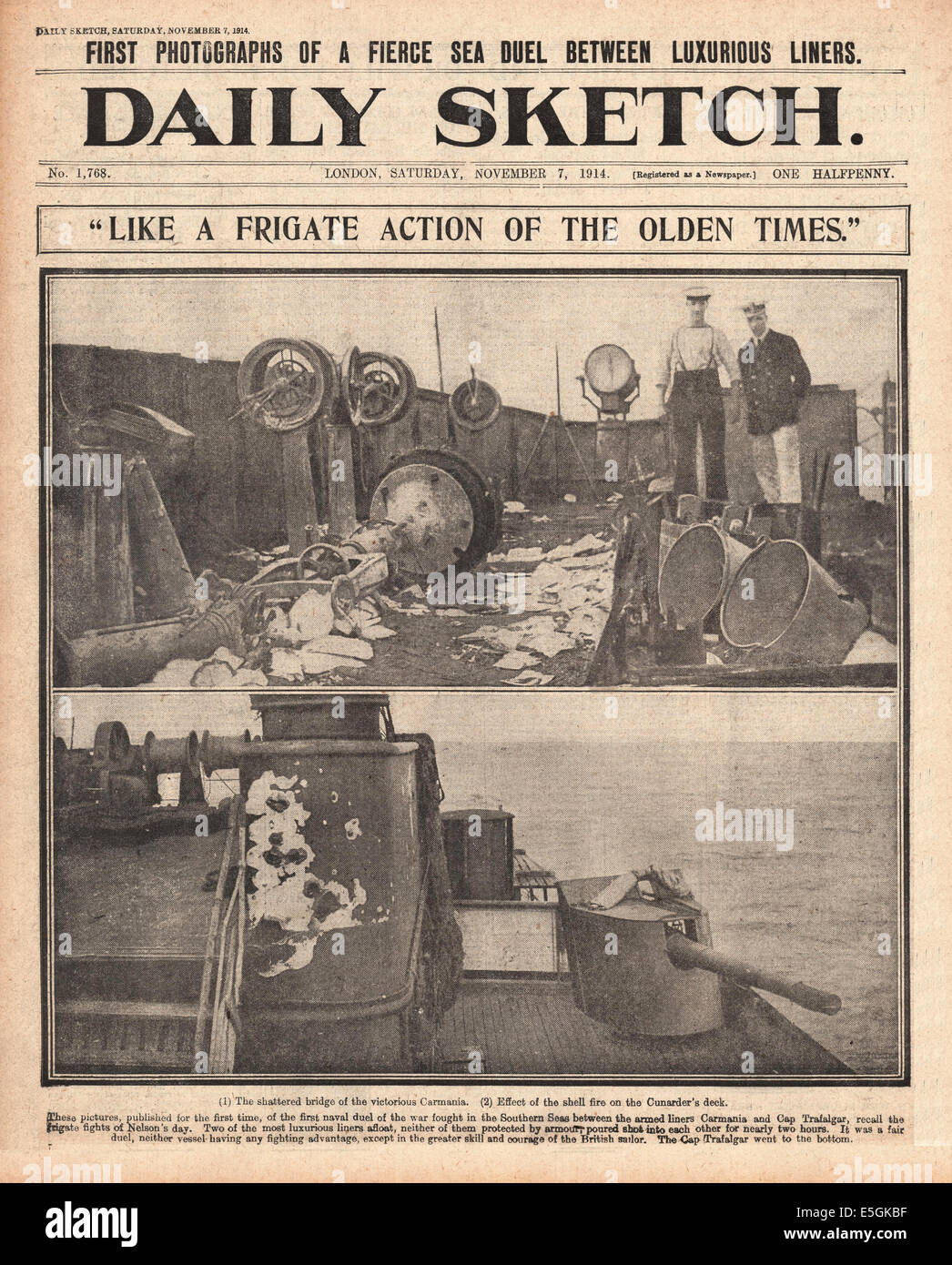 1914 Daily Sketch pagina anteriore segnalato la pistola battaglia tra esercito britannico cruiser RMS Carmania e armato tedesco SMS cruiser Cap Trafalgar Foto Stock