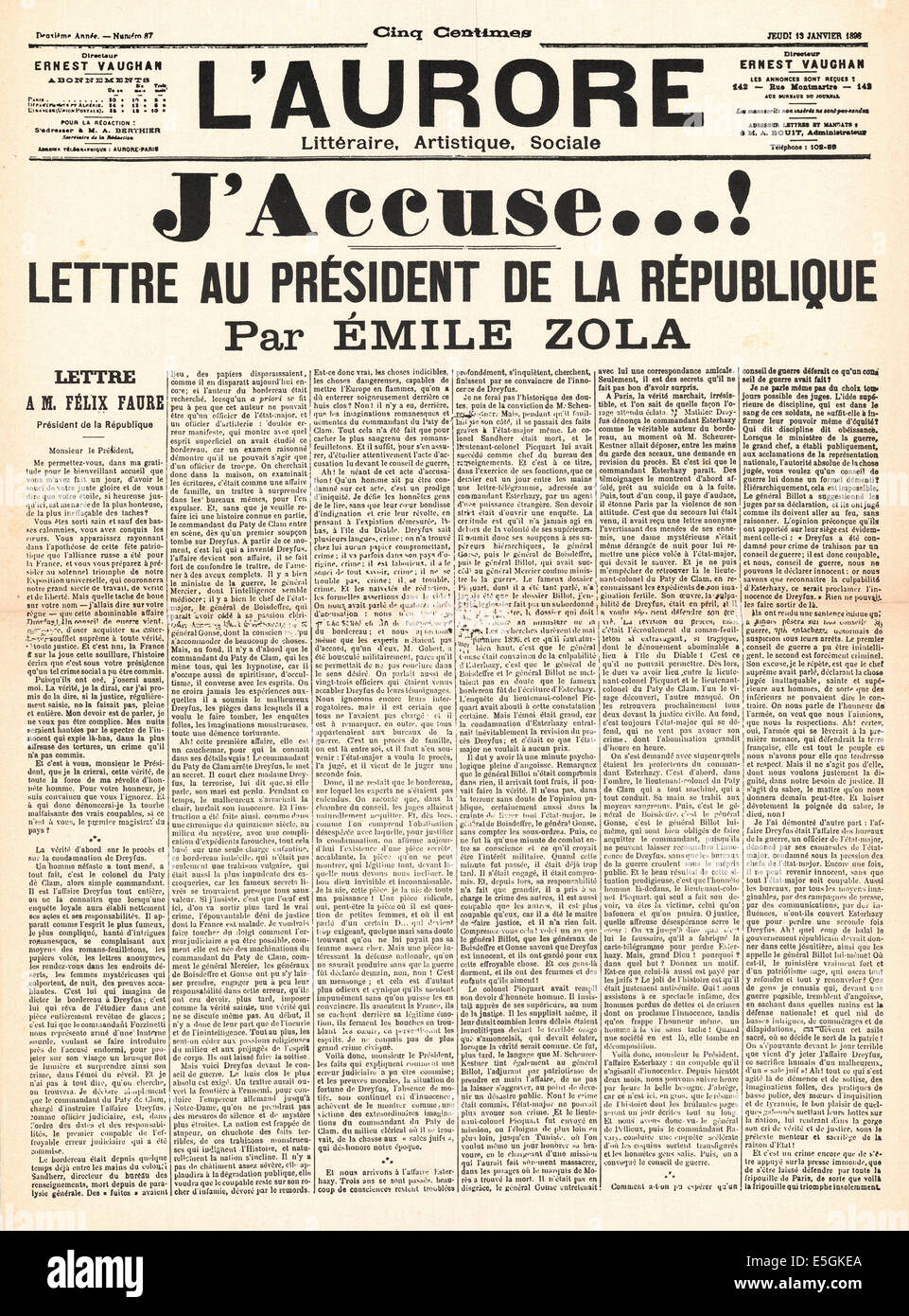 1896 L'aurore (Francia) pagina anteriore reporting Emile Zola's lettera al Presidente "J'accuse.." mi accusano, Lettera al Presidente della Repubblica' relative all'affare Dreyfus Foto Stock