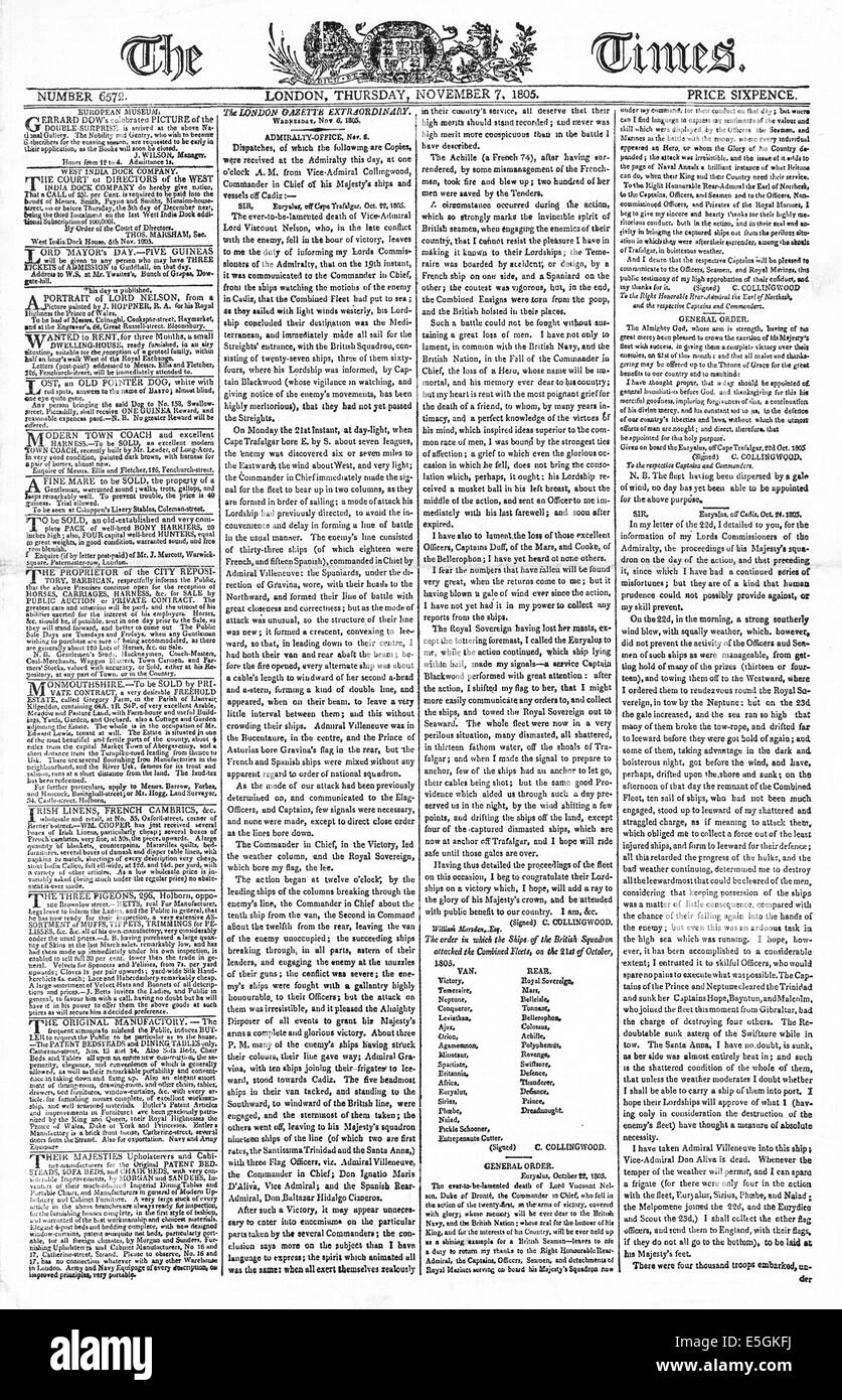 1815 i tempi pagina anteriore Notifica del decesso dell'ammiraglio Horatio Nelson nella battaglia di Trafalgar Foto Stock