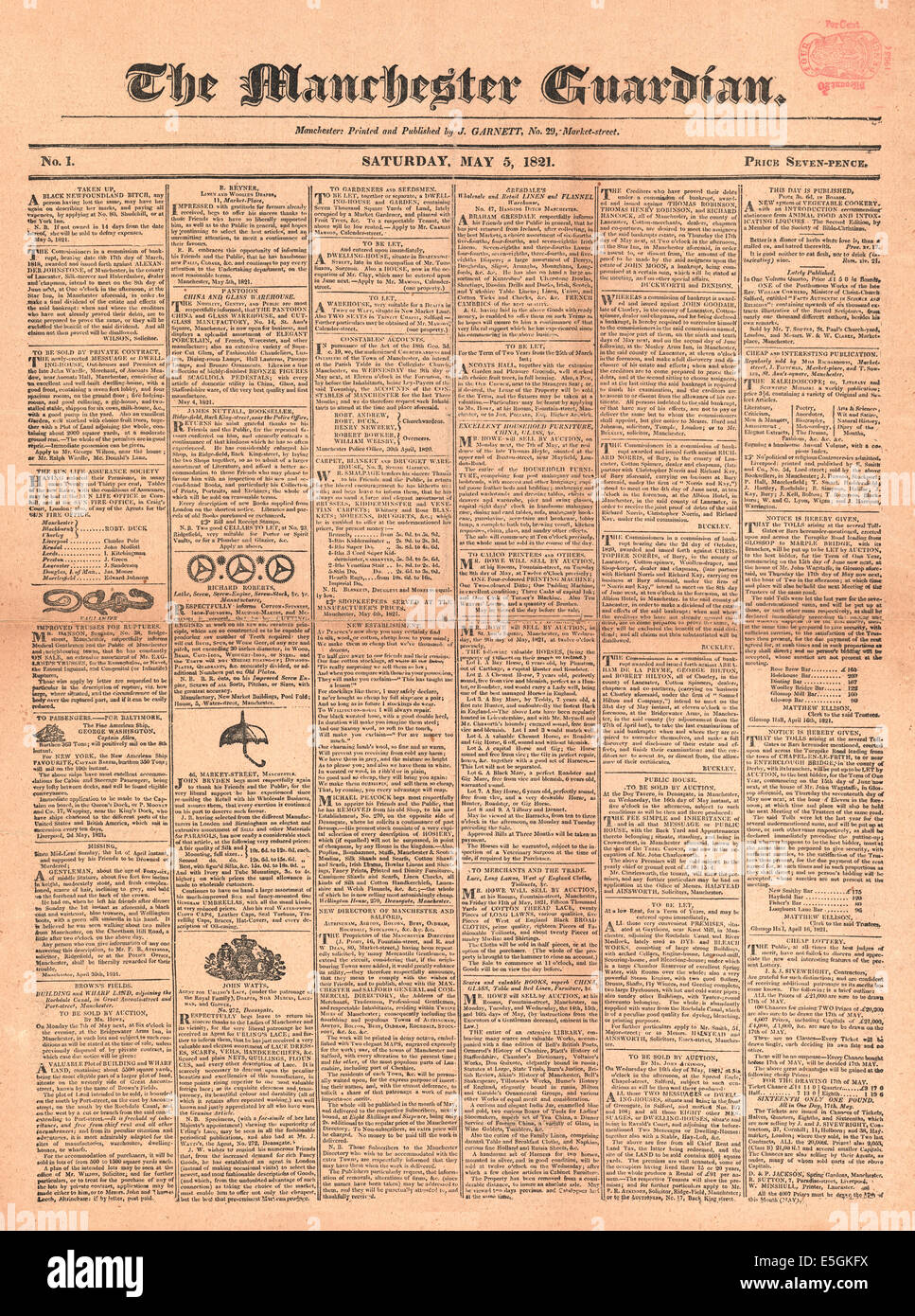 1821 Manchester Guardian edizione n. 1 Foto Stock