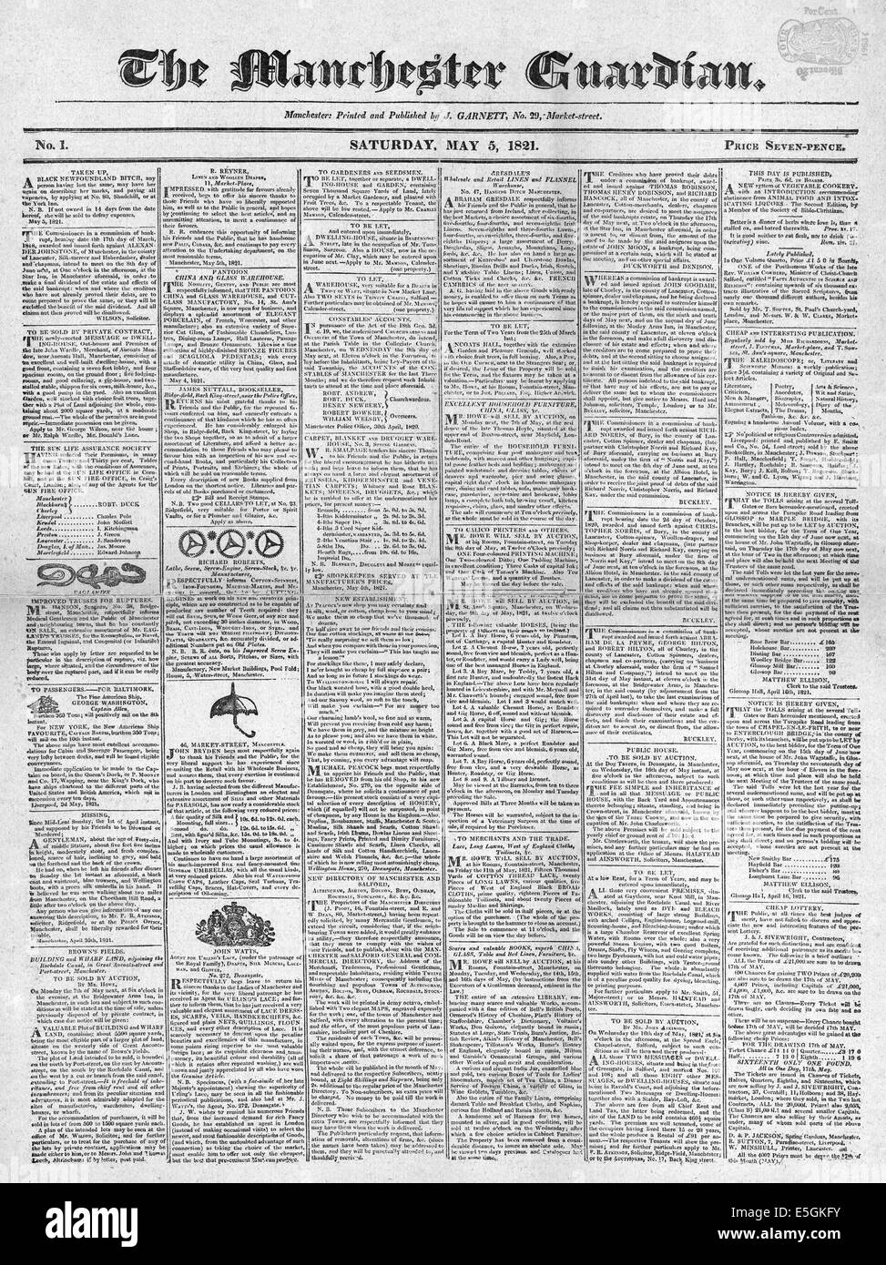 1821 Manchester Guardian edizione n. 1 Foto Stock