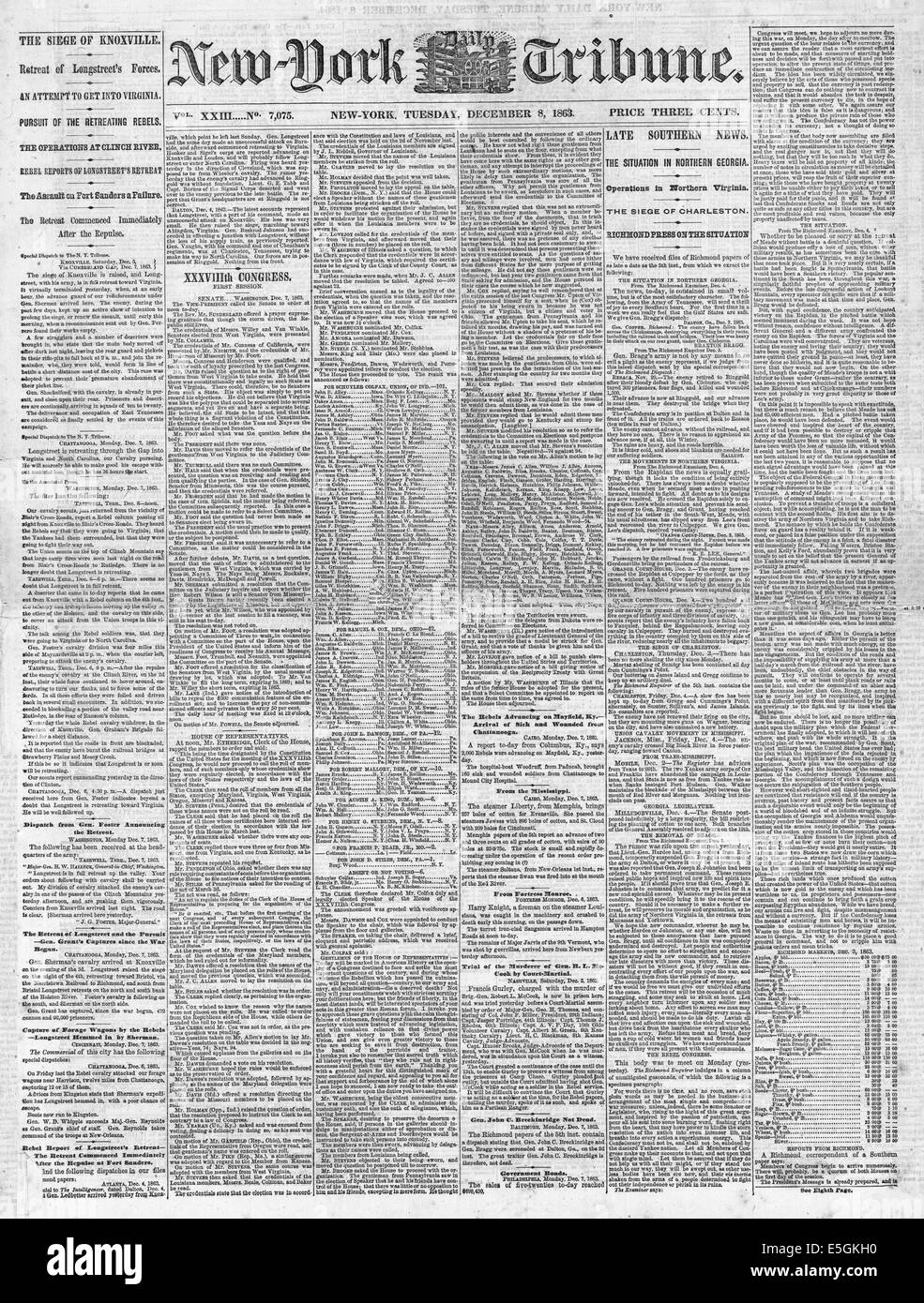 1863 New York Tribune pagina anteriore segnalato l assedio di Knoxville durante la Guerra Civile Americana Foto Stock