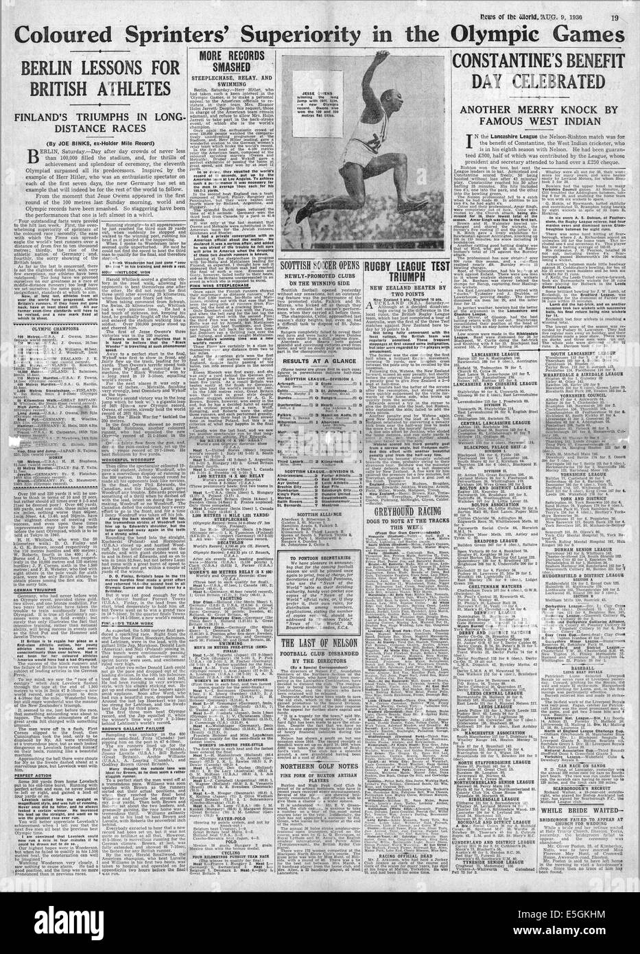 1936 News del mondo pagina anteriore reporting Jesse Owens successo in occasione delle Olimpiadi di Berlino del 1936 Foto Stock