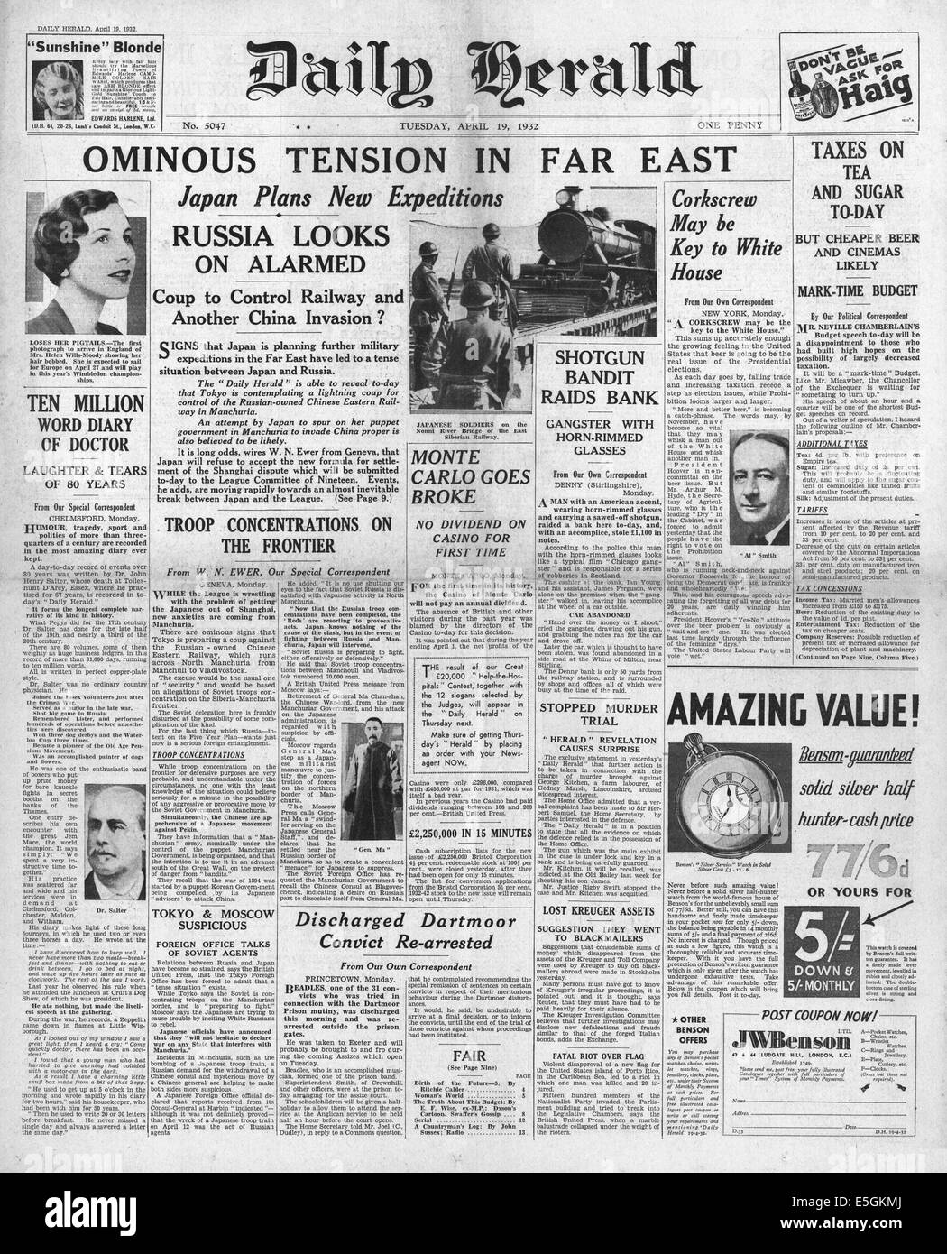 1932 Daily Herald front page tensione di reporting in Manciuria tra il Giappone e la Cina Foto Stock