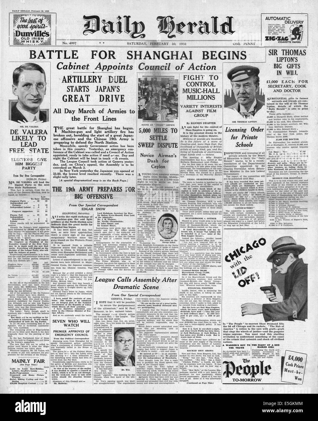 1932 Daily Herald pagina anteriore segnalato la battaglia per Shanghai tra il Giappone e la Cina Foto Stock