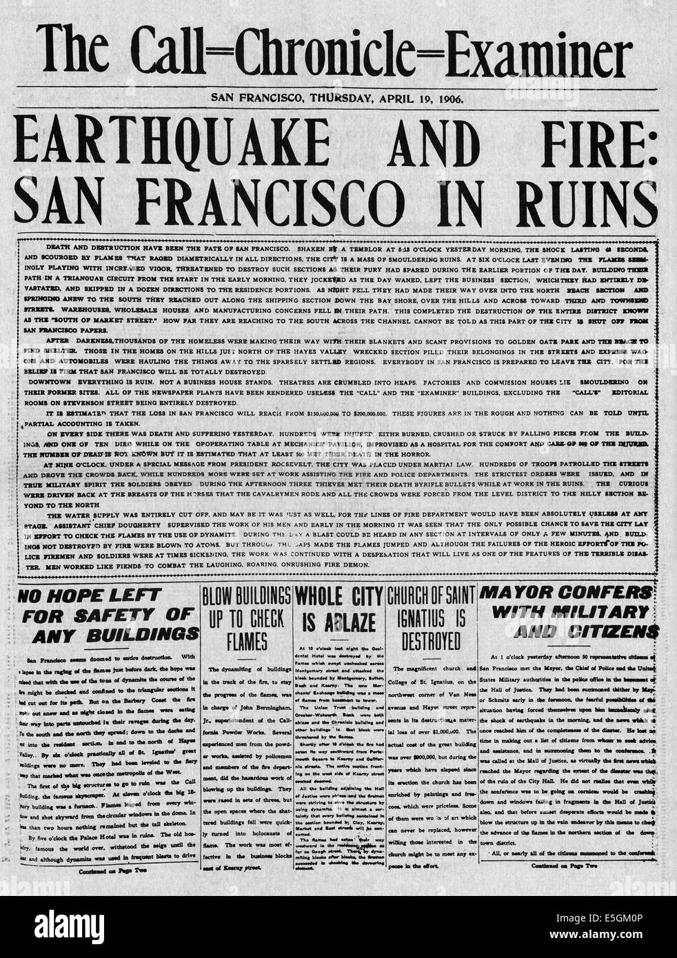 1906 La chiamata cronaca esaminatore (USA) pagina anteriore segnalato il San Francisco terremoto Foto Stock