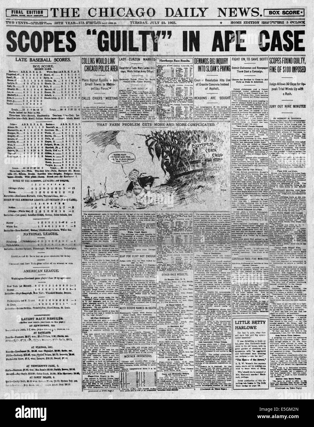 1925 Chicago Daily News front page reporting John Scopes trovato colpevole in prova di scimmia Foto Stock