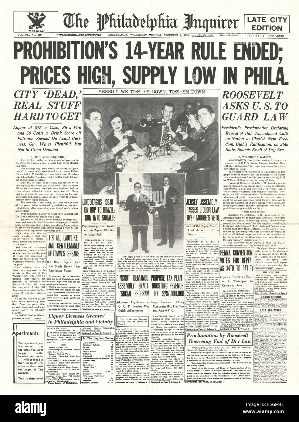 1933 Philadelphia Inquirer (USA) front page per la creazione di report che inizia il divieto di tutti gli Stati Uniti Foto Stock