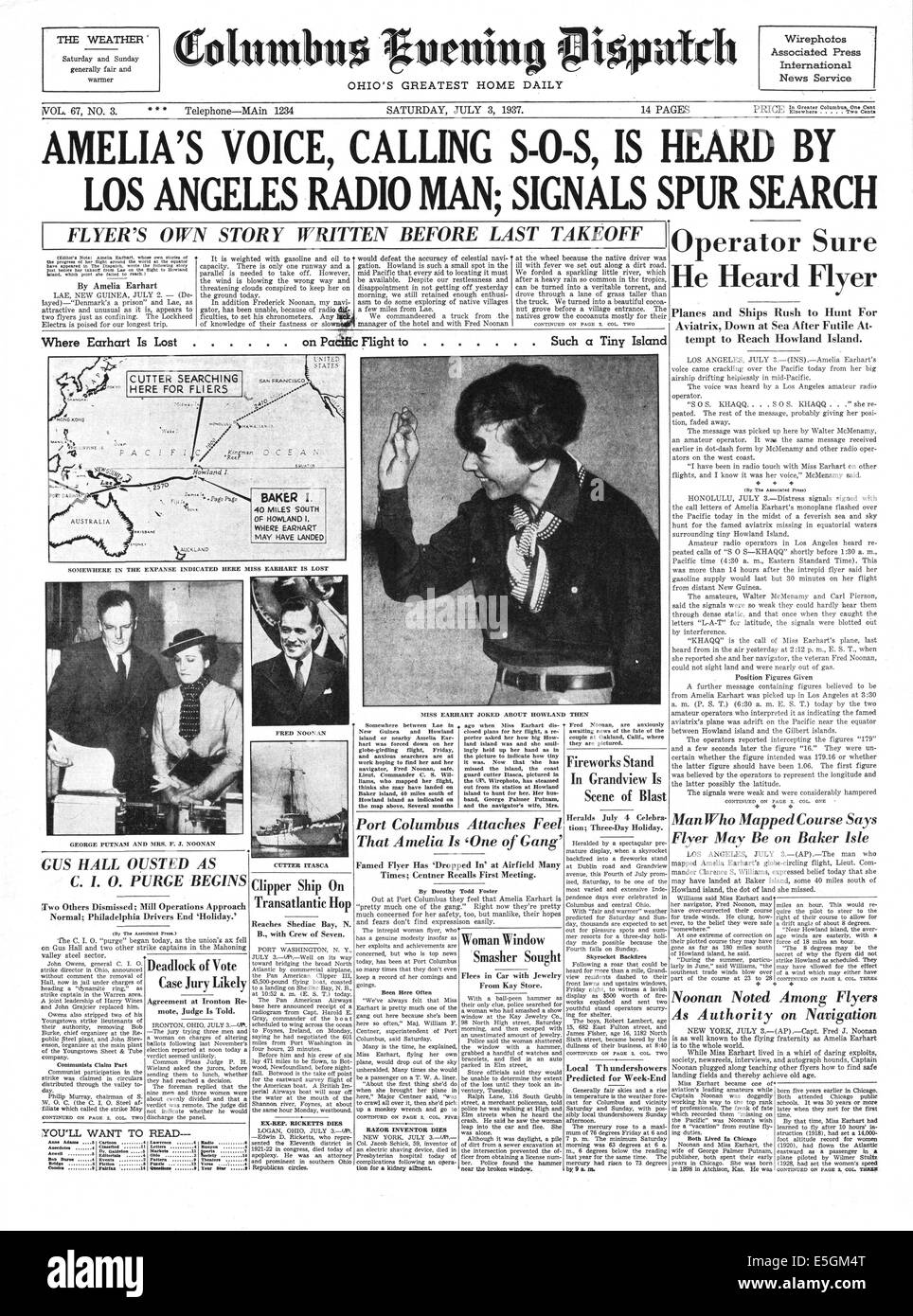 1937 Serata di Columbus Dispatch (USA) pagina anteriore reporting Amelia Earhart mancante Foto Stock