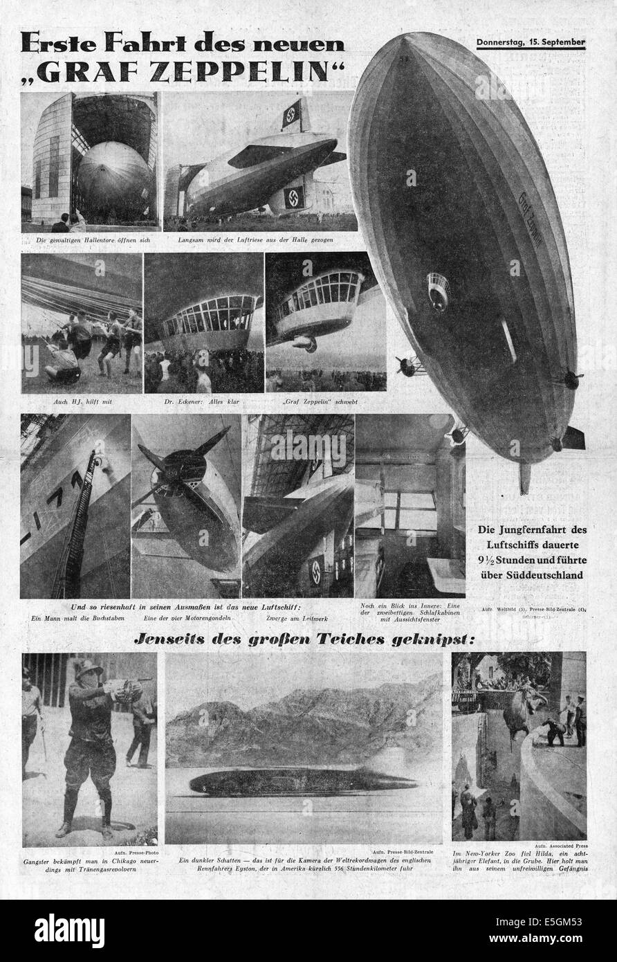 12 Uhr Blatt (Germania) Indietro pagina reporting il volo inaugurale del Graf Zeppelin nel settembre 1938 Foto Stock
