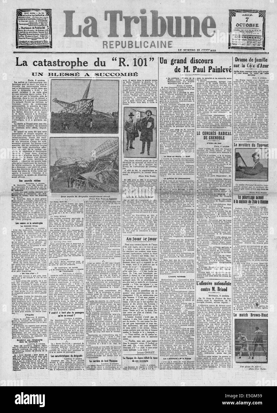 1930 La Tribune Republicaine (Francia) front page la segnalazione R101 dirigibile disastro a Beauvais, Francia Foto Stock
