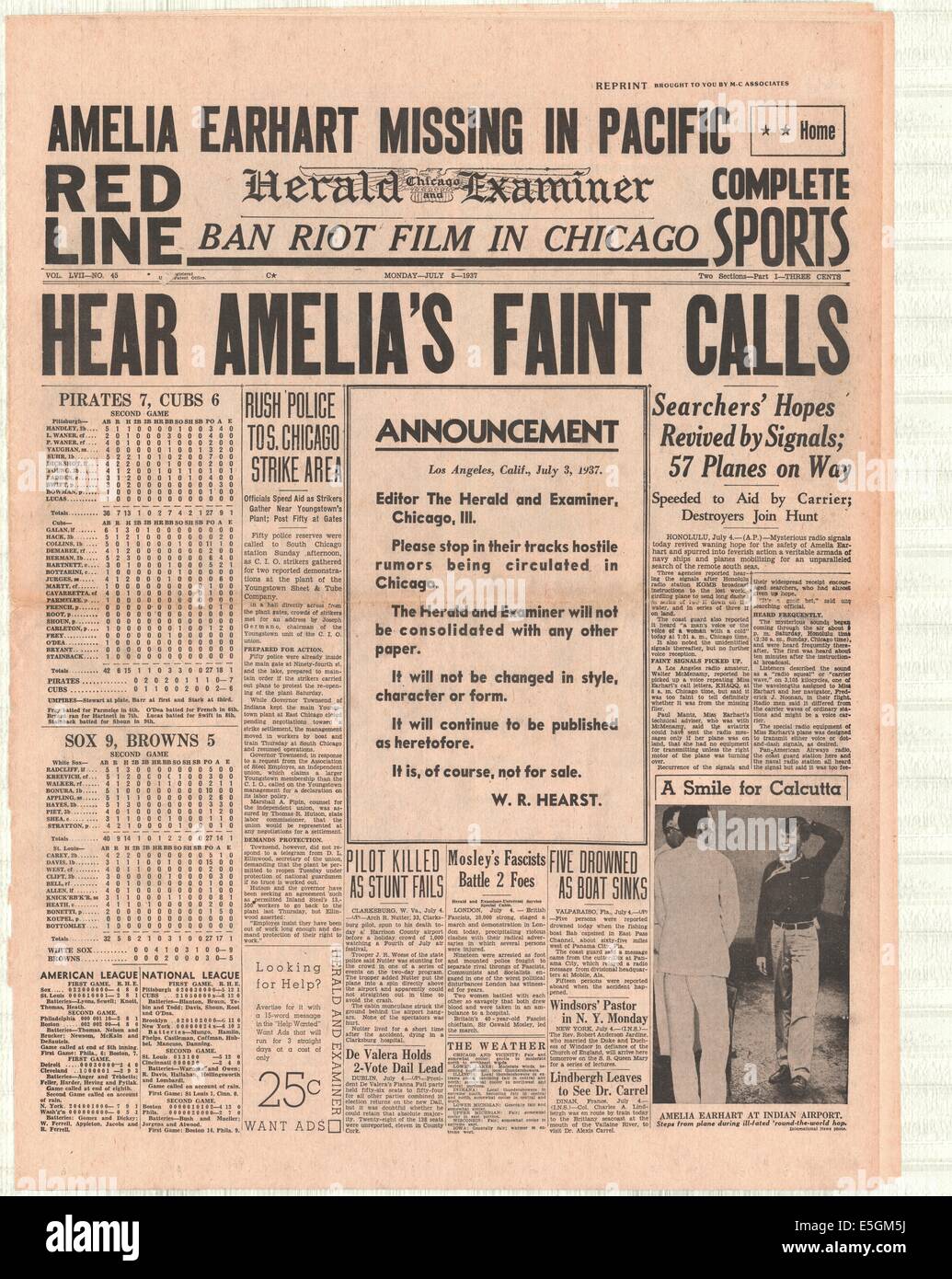 1937 Chicago Herald Examiner (USA) pagina anteriore reporting Amelia Earhart mancante Foto Stock