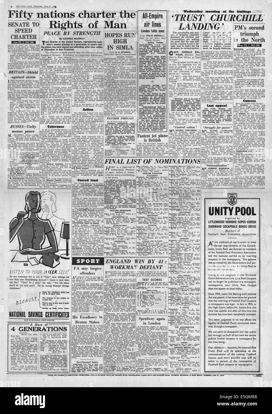 1945 Daily Mail pagina 4 reporting la firma e la pubblicazione della Carta delle Nazioni Unite a San Francisco Foto Stock