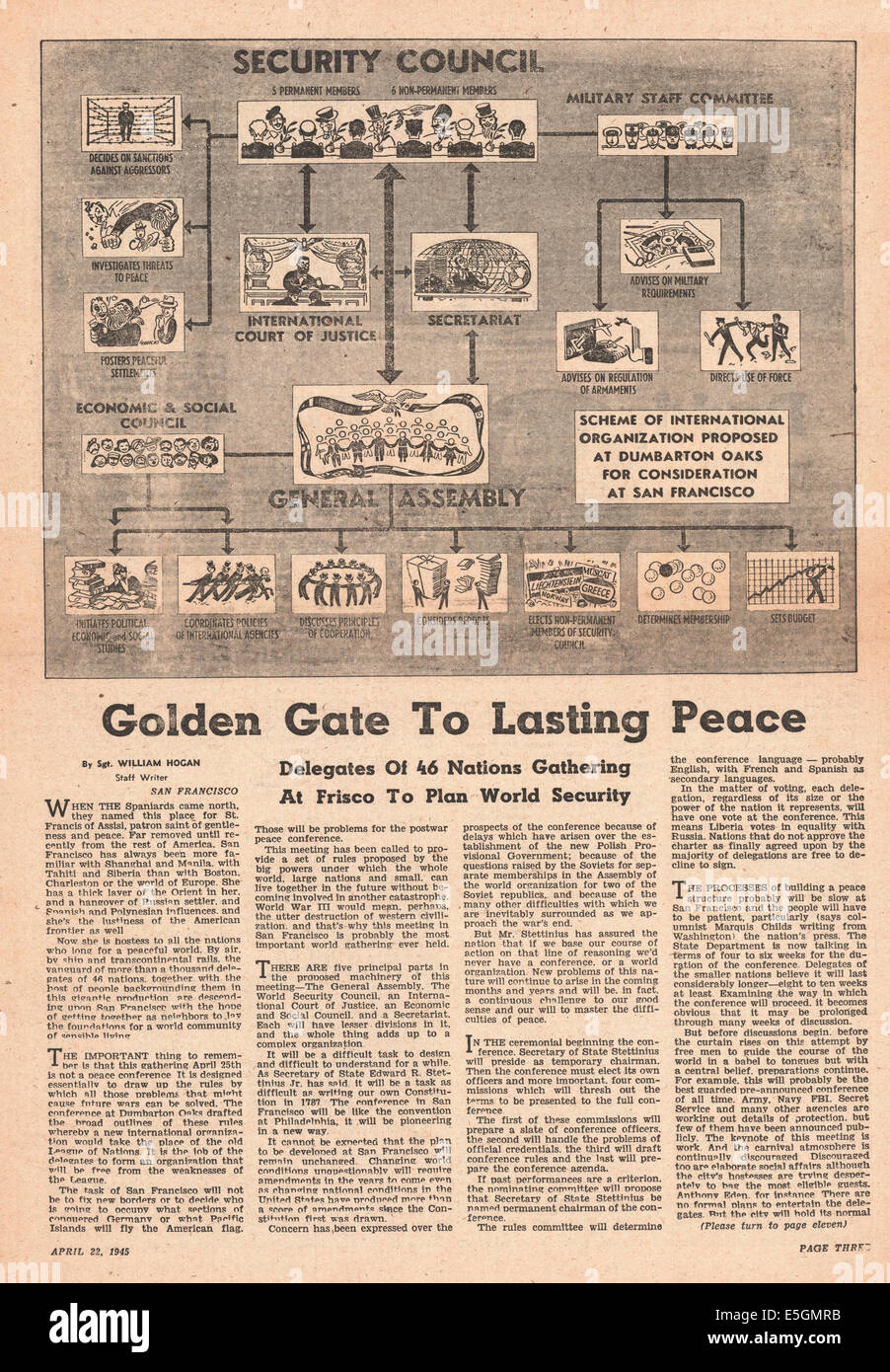 1945 a stelle e strisce militare degli Stati Uniti report quotidiano incontro dei delegati per concordare i dettagli della carta delle Nazioni Unite a San Francisco Foto Stock