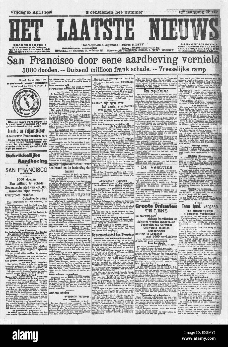 1906 Het Laatste Nieuws (Belgio) pagina anteriore segnalato il San Francisco terremoto Foto Stock