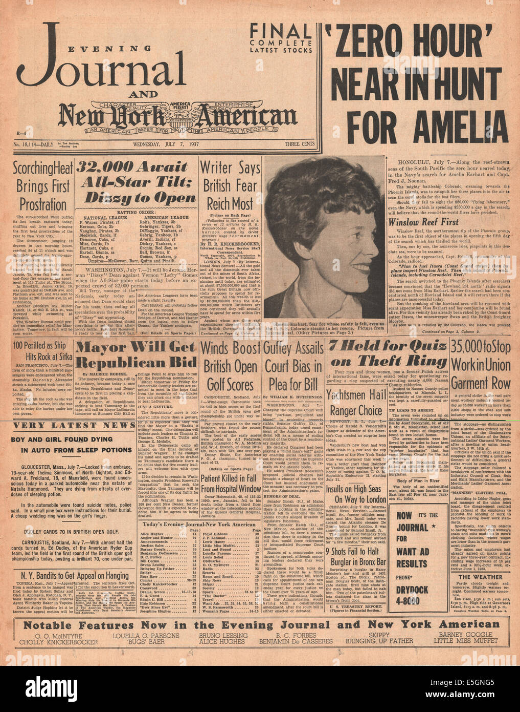 1937 Serata ufficiale & New York esaminatore (USA) pagina anteriore reporting Amelia Earhart mancante Foto Stock