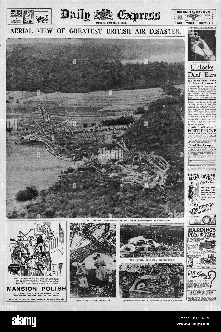 1930 Daily Express torna alla pagina precedente la segnalazione R101 dirigibile disastro in Francia Foto Stock
