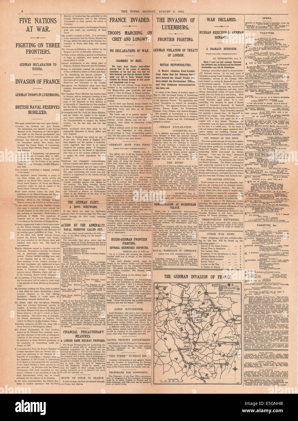 1914 i tempi pagina 6 reporting invasione tedesca del Lussemburgo e Francia Foto Stock