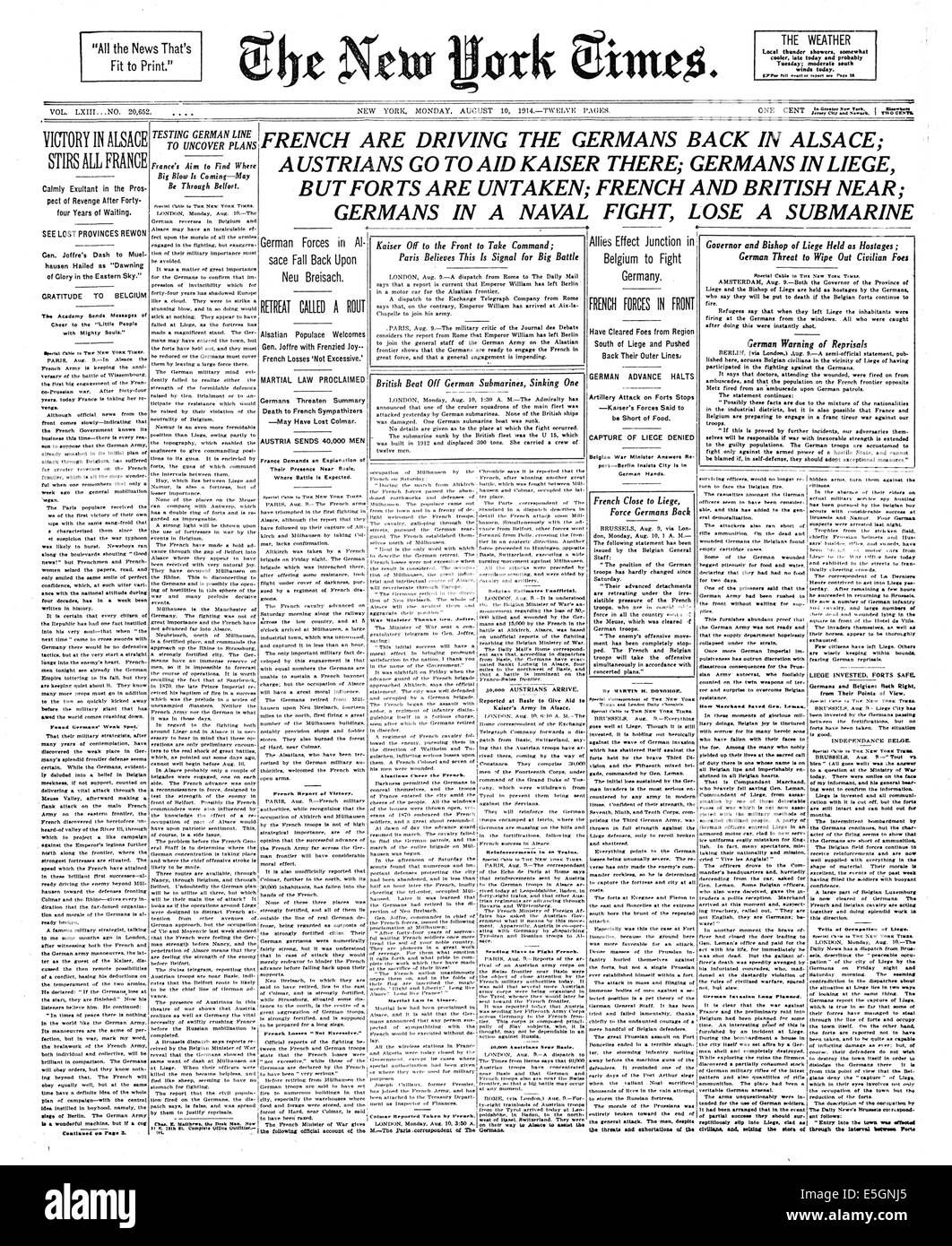 1914 New York Times front page reporting delle forze francesi sieze Mulhausen in Alsace Foto Stock