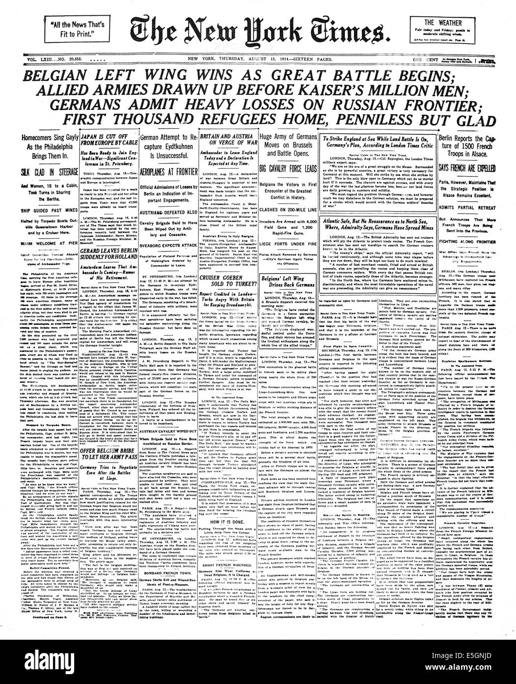 1914 New York Times front page reporting guerra generale news Foto Stock