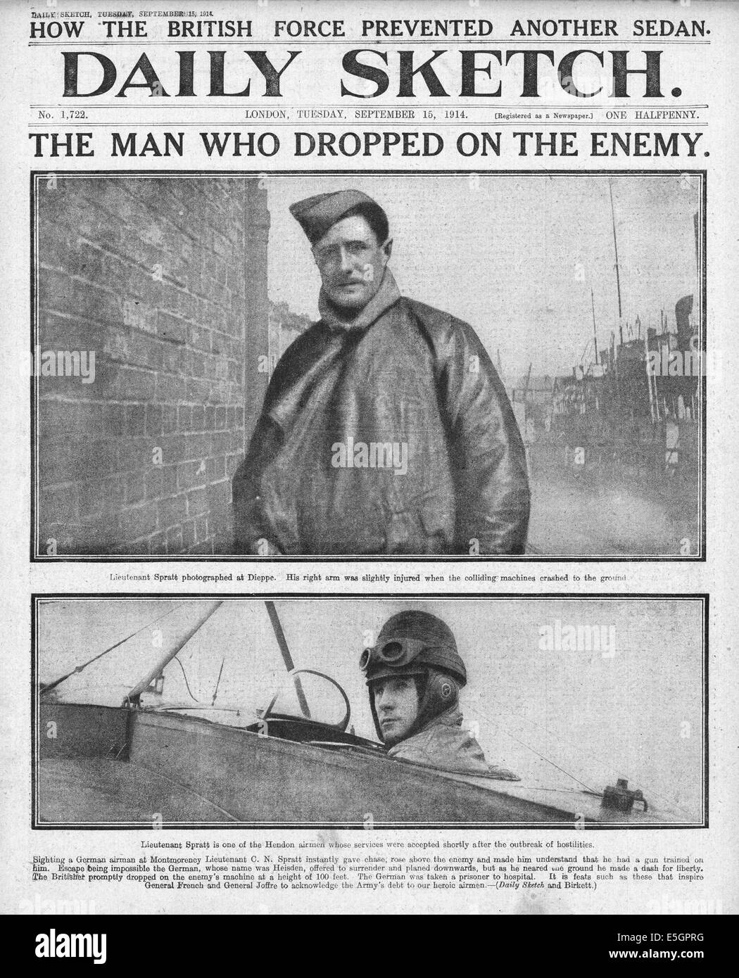 1914 Daily Sketch pagina anteriore segnalato le azioni del tenente Spratt del Royal Flying Corps Foto Stock
