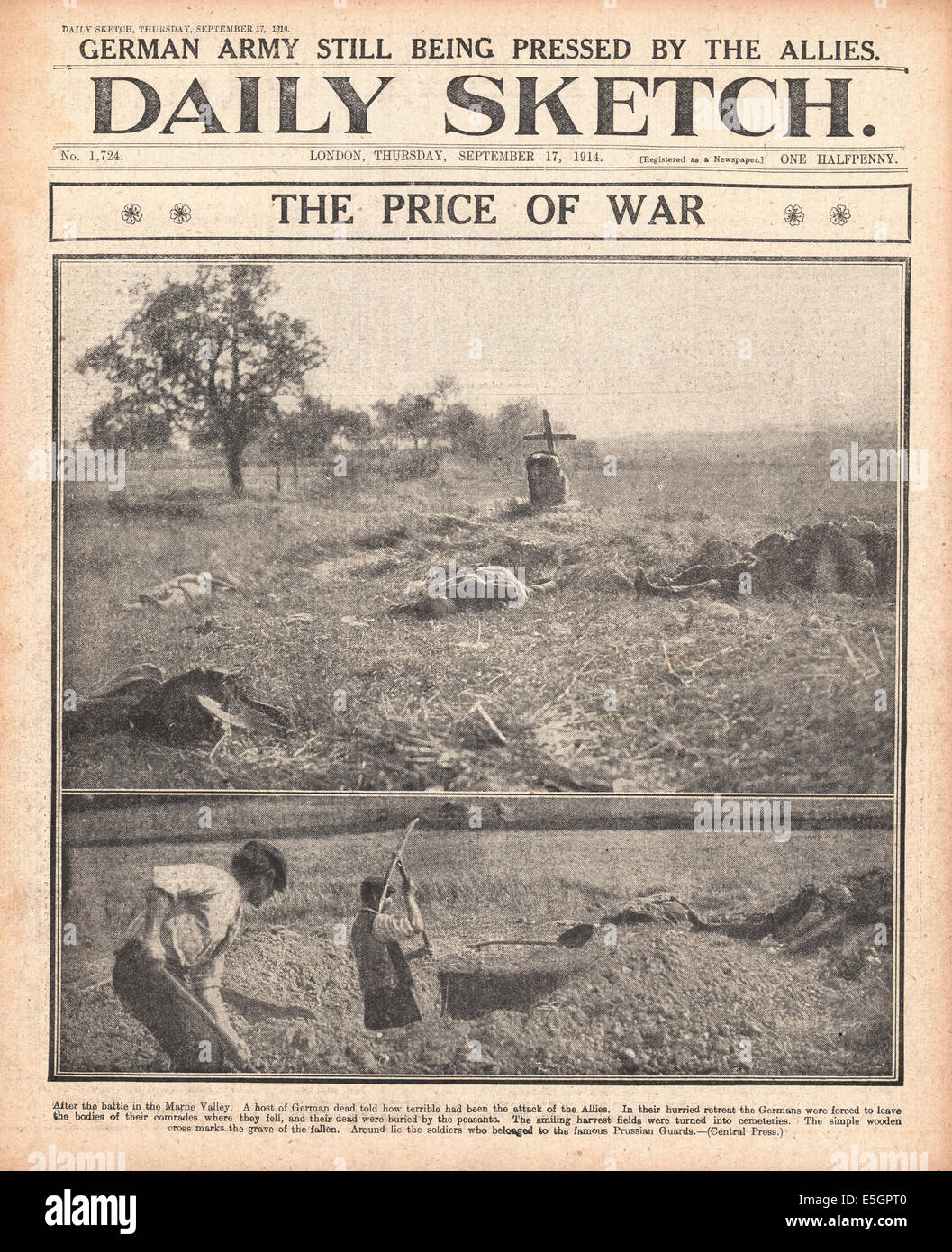 1914 Daily Sketch pagina anteriore che mostra contadini francesi barenatura soldati tedeschi che morì in battaglia della Marna Foto Stock