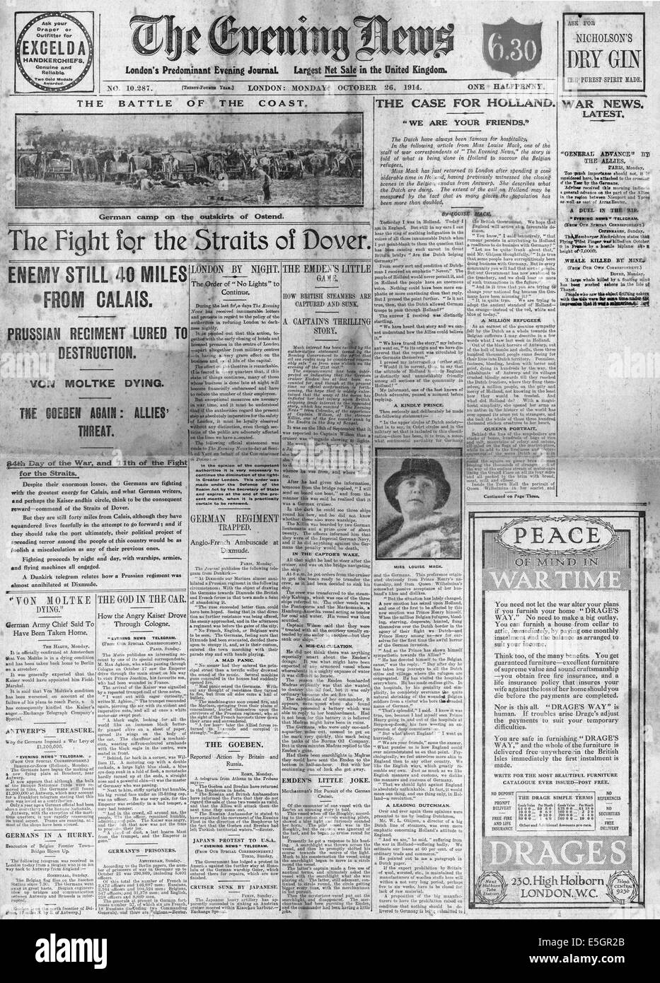 1914 Evening News (Londra) pagina anteriore di reporting e alleati tedeschi battaglia per la costa di canale Foto Stock