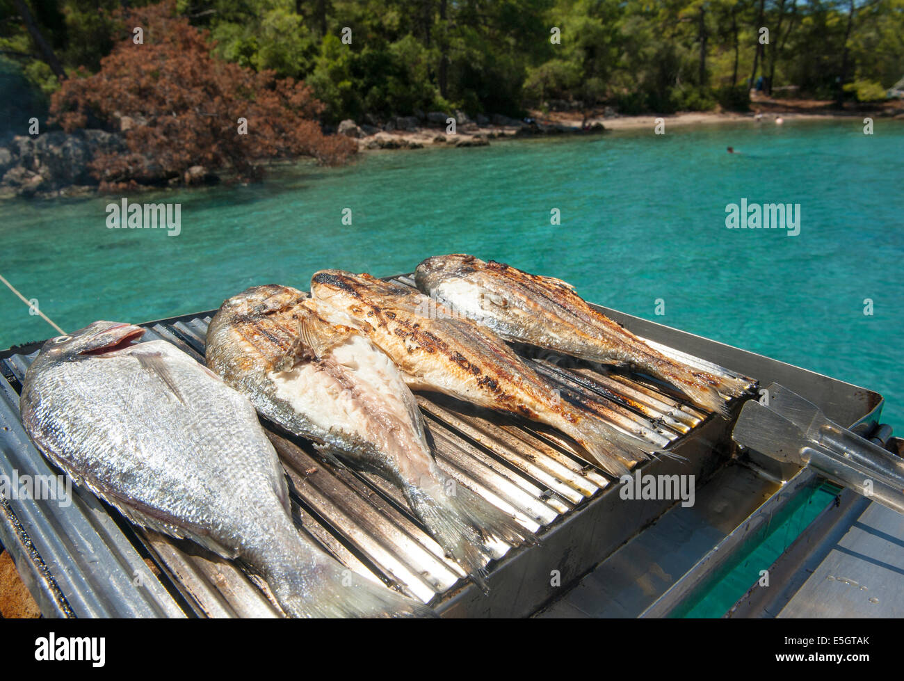 Il pesce appena pescato a bordo alla griglia su yacht ormeggiati a Sedir isola, golfo di Gökova, Turchia Foto Stock