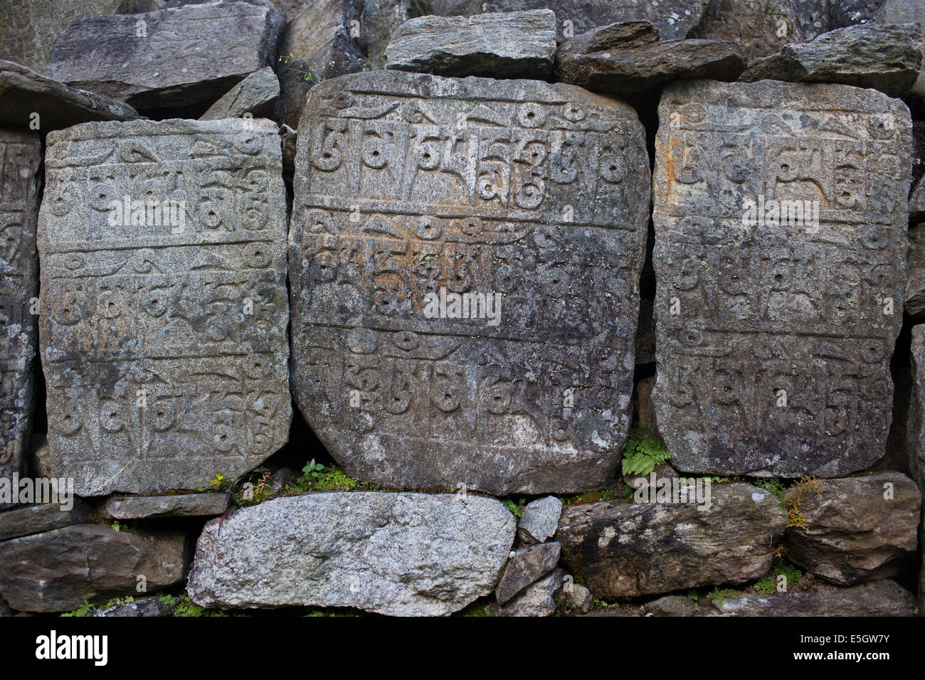Scolpiti Mani tavolette di pietra con doppia iscrizione OM MANI PADME HUM nella regione dell Everest del Nepal Foto Stock