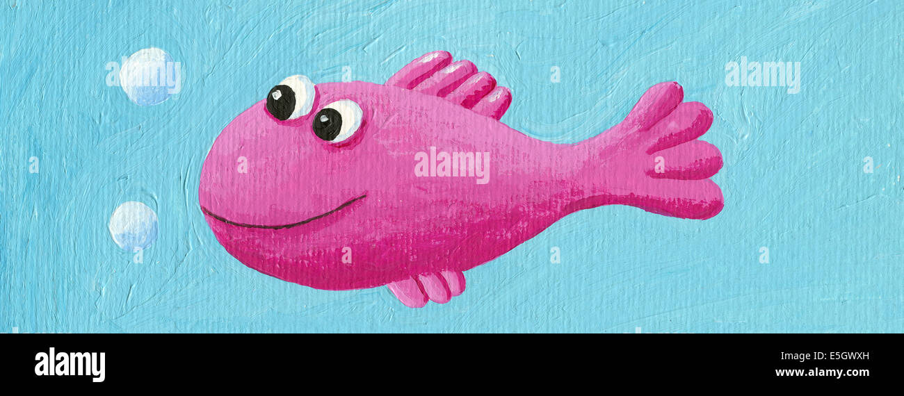 Illustrazione in acrilico di divertenti pesci rosa Foto Stock