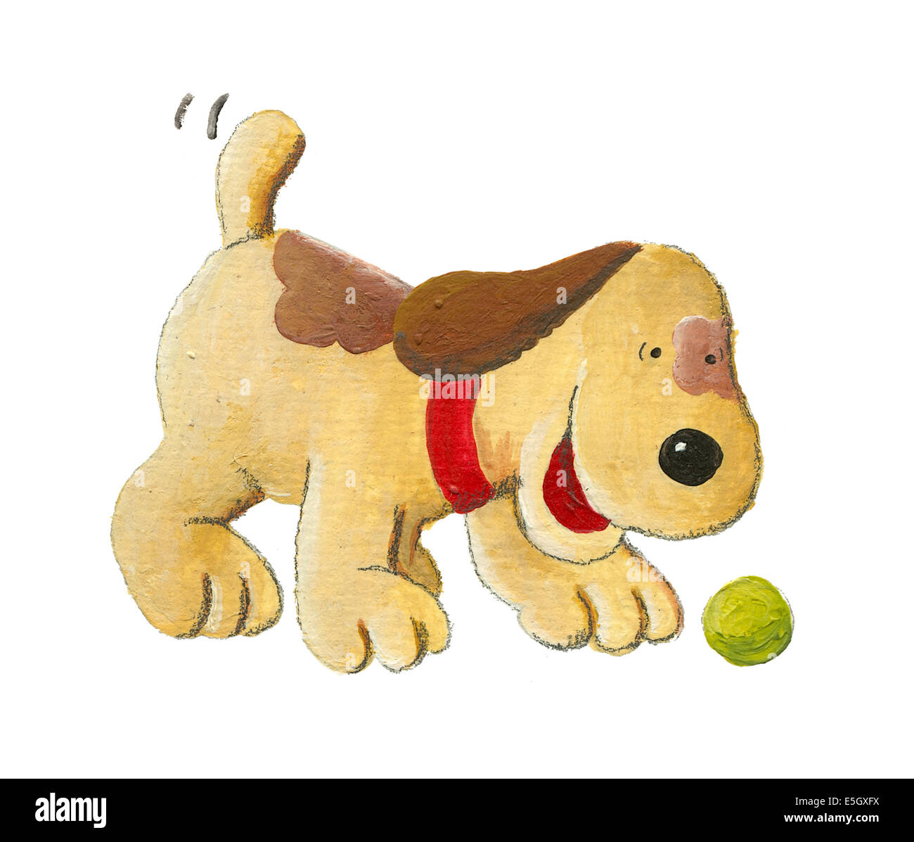 Illustrazione in acrilico di cucciolo di cane giocando con sfera Foto Stock