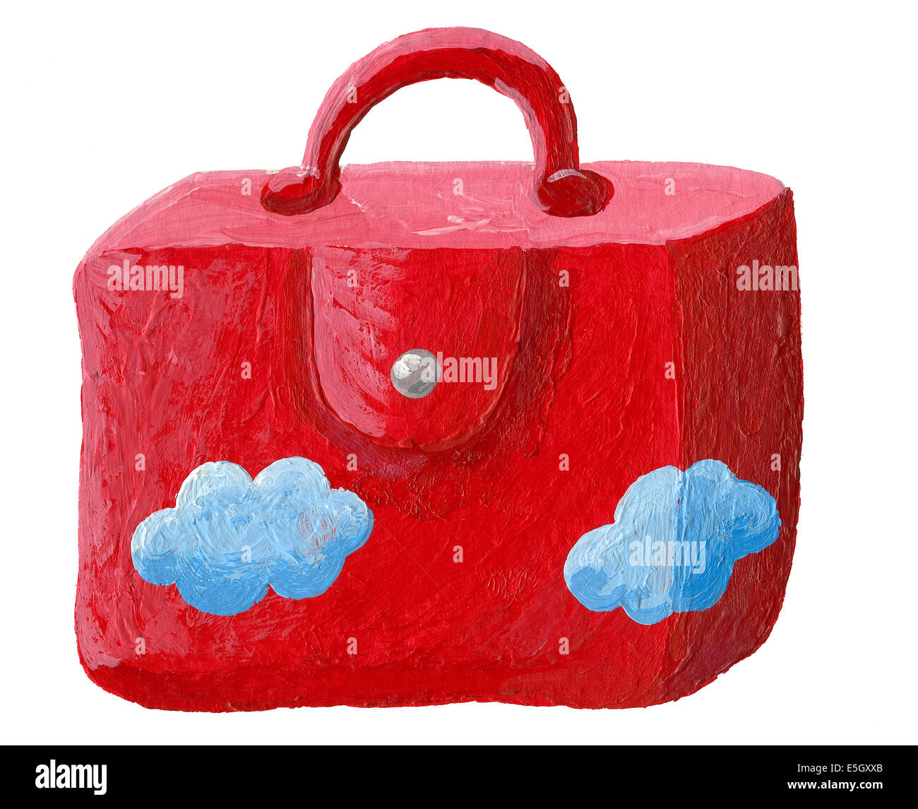 Illustrazione acrilico della valigia rossa con blue clouds Foto Stock