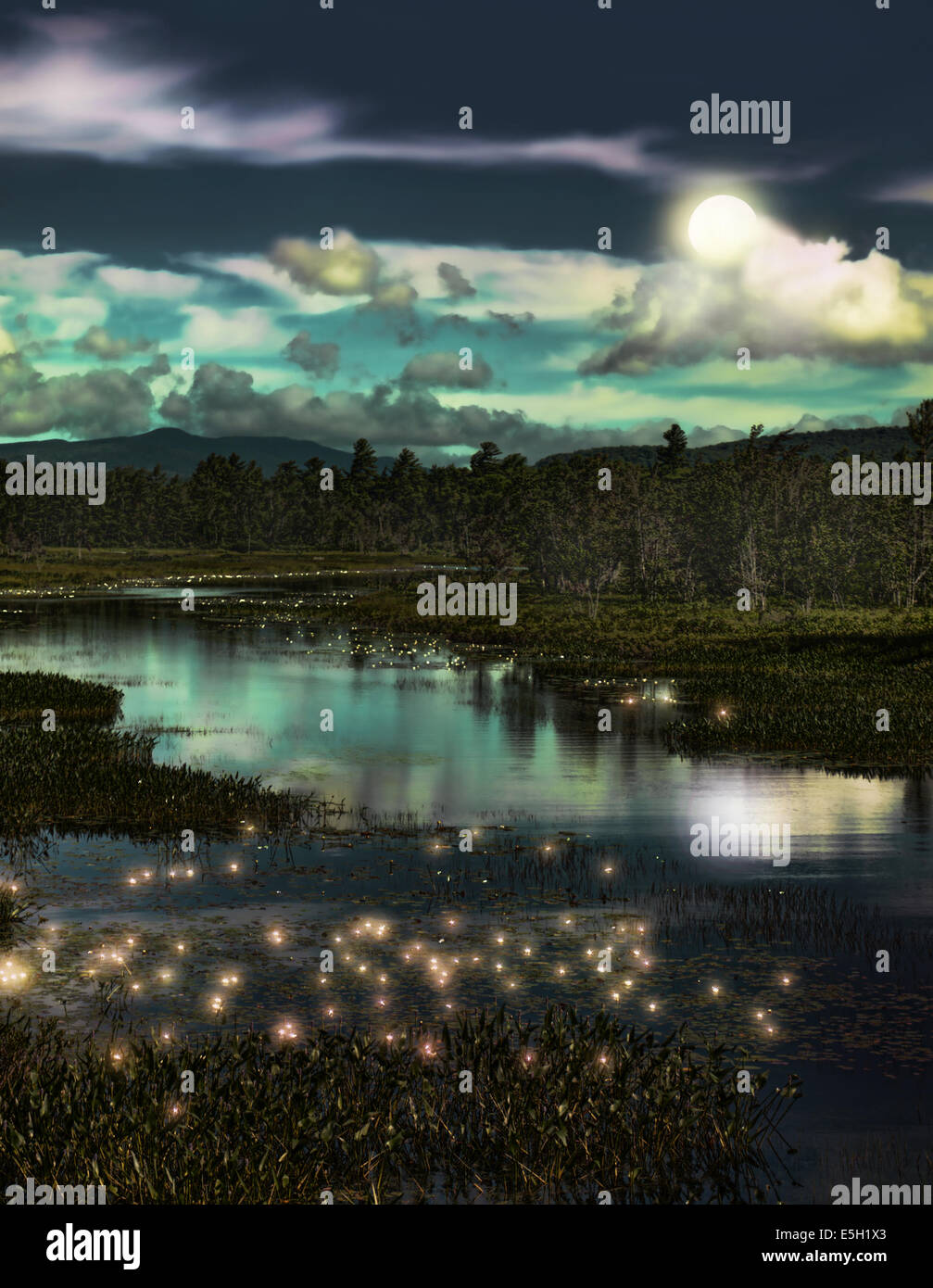 Rappresentazione di una foresta con flusso di lightning bug al crepuscolo Foto Stock