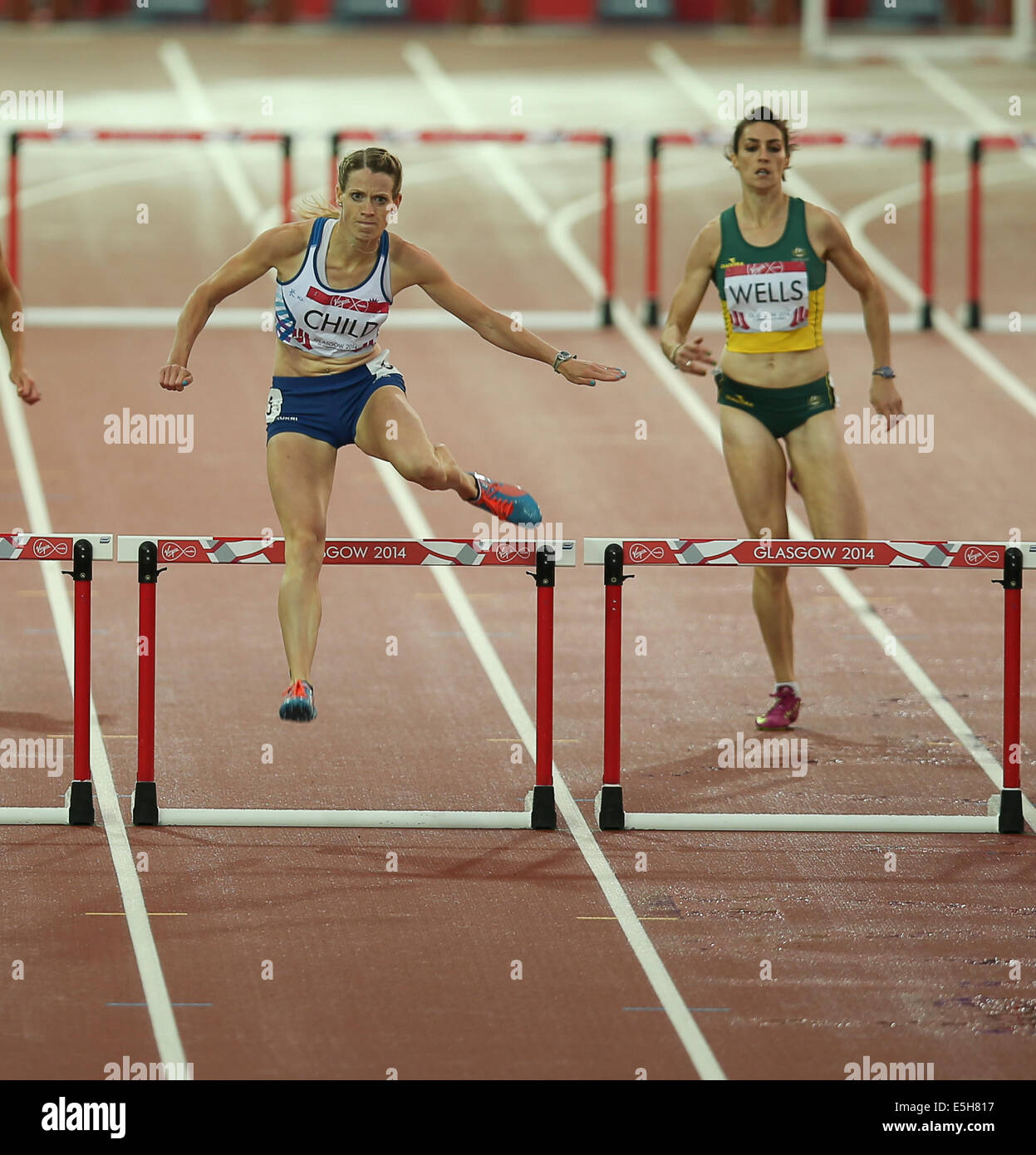 Hampden Park, Glasgow, Scotland, Regno Unito. 31 Luglio, 2014. Giorno 8 SERA sessione di atletica. Donne 400m Ostacoli Finale. Eilidh bambino SCO sul suo modo di argento. Credito: ALAN OLIVER/Alamy Live News Foto Stock