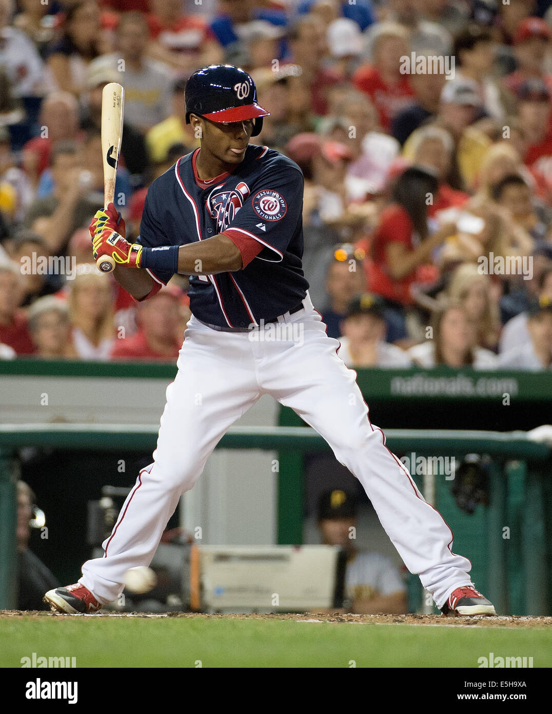 Washington DC, Stati Uniti d'America. Il 15 agosto, 2014. Washington cittadini diritto fielder Michael Taylor (18) a bat contro i pirati di Pittsburgh durante il loro gioco a cittadini Park a Washington D.C, Venerdì, 15 agosto 2014. Credito: Harry Walker/Alamy Live News Foto Stock