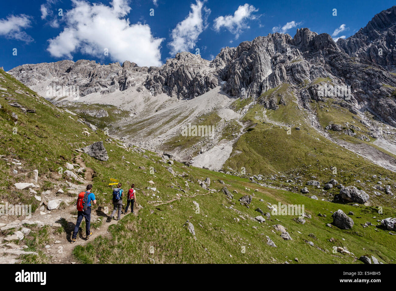 Gli alpinisti sull'approccio alla Imster Klettersteig via ferrata, salendo al Maldonkopf nella Valle del Lech Alpi Foto Stock