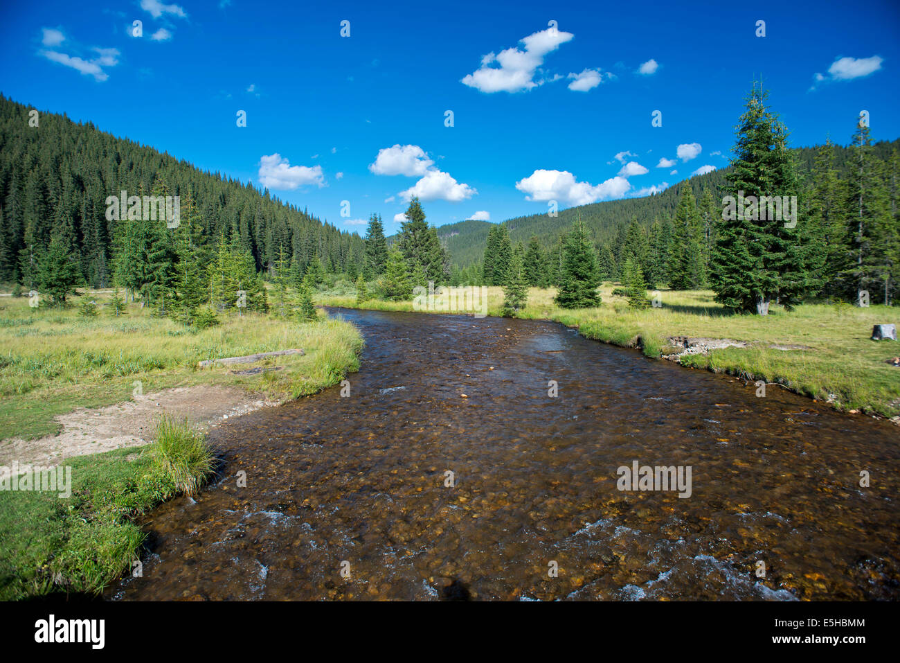 Paesaggio di montagna con il fiume, in Petrosani, Carpazi occidentali, Carpazi, Romania Foto Stock