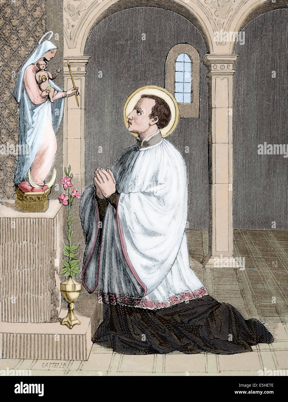San Luigi Gonzaga (1568-1591). Gesuita italiano. Incisione di Castello. Anno cristiano, 1852. Colorati. Foto Stock