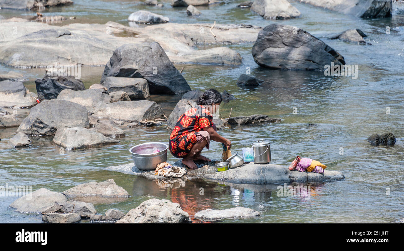 Donna indiana a lavare i panni in un fiume, Tamil Nadu, India Foto Stock