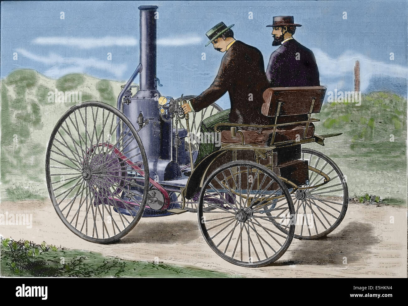 La storia. Il trasporto. Vecchio veicolo. Automobile a vapore. Incisione del XIX secolo. Colorazione successiva. Foto Stock