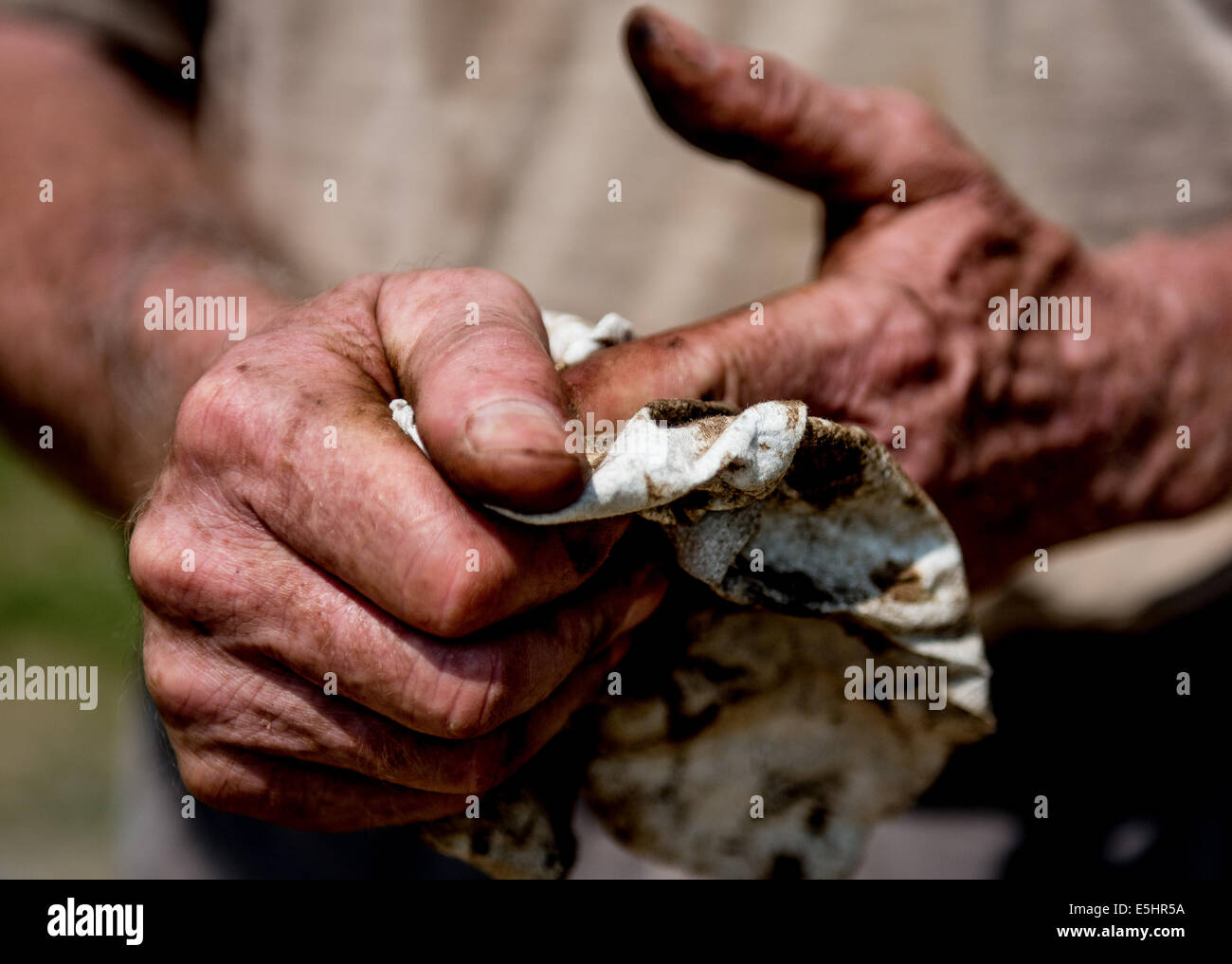 Guy Moore salviette le sue mani off dopo una giornata di lavoro nel campo e attrezzature di fissaggio che ruppe mentre stava lavorando al 18 giugno, Foto Stock